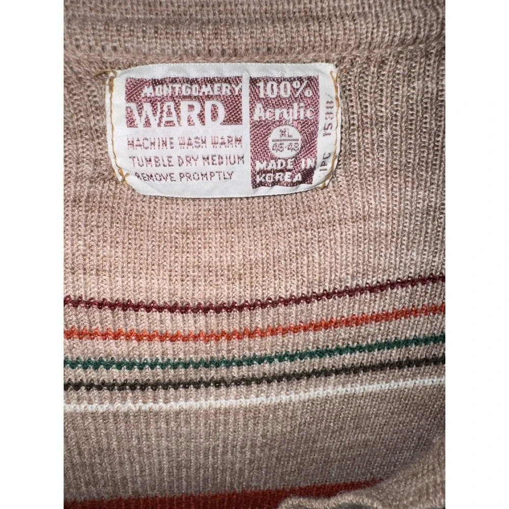 Vintage Montgomery Ward Mens XL Brown Striped Johnny Collar Knit Sweater Acrylic